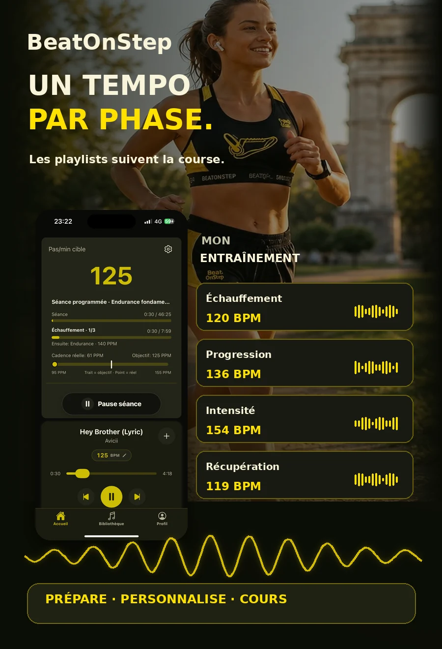 Illustration BeatOnStep : course à pied et interfaces de séance programmée sur iPhone
