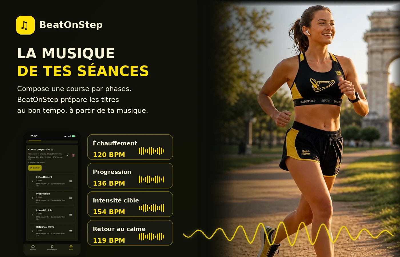 Création de playlists BeatOnStep avec une coureuse, des phases musicales et une interface sombre aux accents jaunes